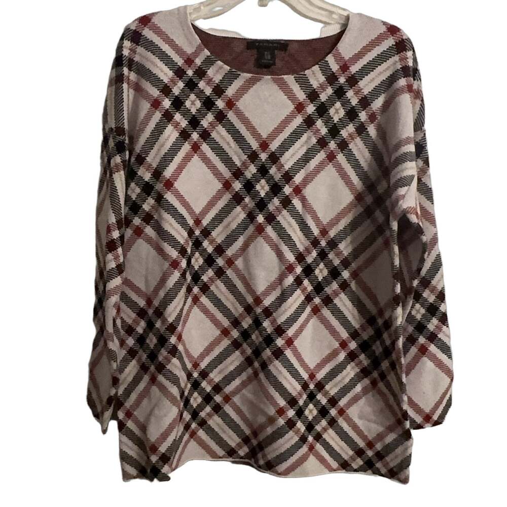 TAHARI 1X Pullover Sweater Long Sleeve Round Neck Plaid Knit Stretch Holiday